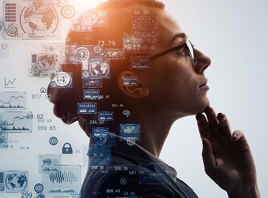 A woman wearing glasses thinking with diagrams overlayed over the image